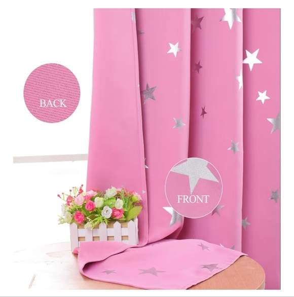 LAST CHANCE$$$ Baby Pink Blackout Curtains With Shiny Silver Star 38W X 63L - Picture 5 of 5